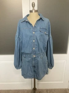 Neu mit Etikett! Free People Zodiac Denim Chambray Einteiler Strampler Mond Blau Druckknopf Gr. Large - Bild 1 von 14