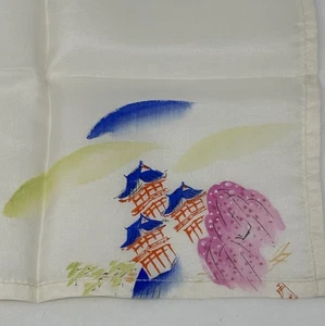 Antique Japanese Silk Hankerchief with Hand Painted Pagoda image signed - Picture 1 of 7