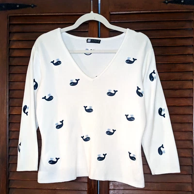 Женский белый пуловер Carole Little с вышивкой КИТЫ Artsy с V-образным вырезом L - Изображение 1 из 4