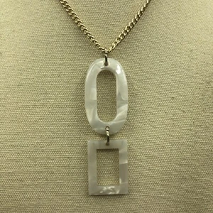 Dangle Pendant Necklace Silver Tone & White Faux Mother of Pearl Festival Retro - Picture 1 of 17