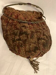 ANTIQUE silk flapper purse  tassel JEWELED Ornate  Metal Handle Pouch Handbag