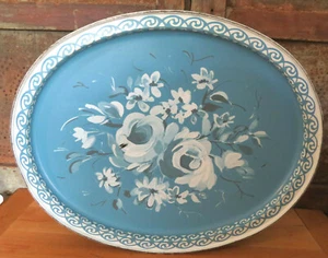 Alte Vintage Metall blau & weiß Rose Toleware ovale Knopf Speisekammer Box Dose 14 1/2" - Bild 1 von 6