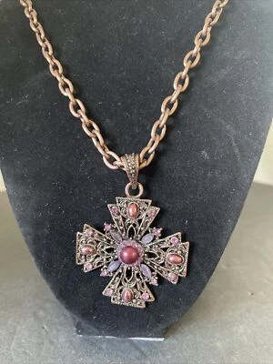 "Collar Cookie Lee púrpura rosa imitación perlas cristales cruz colgante 36""" Foto 1 de 4