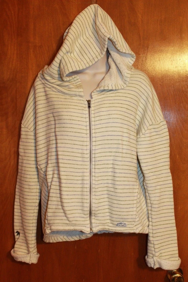 ROXY Jrs. SUDADERA CON CAPUCHA PEQUEÑA CON CREMALLERA (a rayas marfil/azul con mangas largas) usada en excelente estado Foto 1 de 1