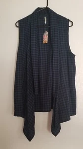 Wall Flower Blue Black Checkered Asymmetrical Hem Drape Open Front Vest Size XL - Picture 1 of 9