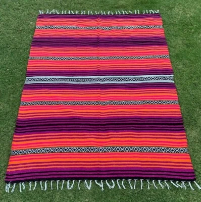 New Peyote Serape Mexican Blanket beach Throw Yoga Mat picnic woven stripped rug - Image 1 of 2