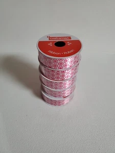 Craft Smart Ribbon Lot of 5 White Hot Pink Design Polyester 7/8 in X 3yd each - Picture 1 of 5