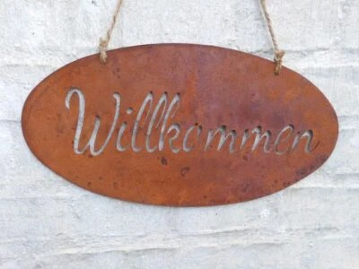 DEKO-IMPRESSION Eisenschild Hängeschild Willkommen 38 x 20 cm Echtrost an Kordel
