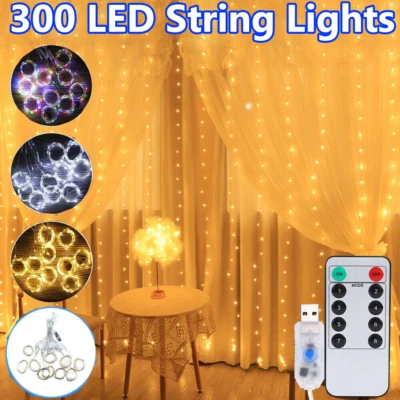 300 LED Curtain Fairy Lights String Indoor/Outdoor Backdrop Wedding Party Decor - Image 1 of 4