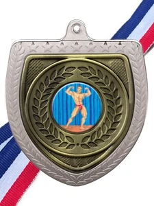 Bodybuilding Muscle Man Award 87mm Silver Cobra Medal & Ribbon (A) Engraved Free - Picture 1 of 5