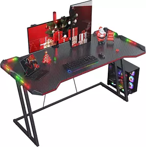 CubiCubi Gaming Table with LED 140 x 60 cm, Gaming Desk with Carbon Fiber Top - Picture 1 of 9