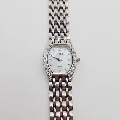 DMQ Swiss Ladies Mother Of  Pearl Crystal Bezel Silver Tone Watch VTG - Image 1 of 4