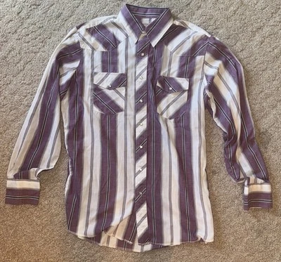 Vintage Frontier Cowboy Shirt Mens Large Tall LT LS  Purple Striped Pearl Snap - Image 1 of 3