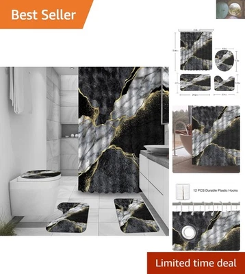 Elegante Juego de Cortinas de Ducha Gris Mármol con Líneas Doradas y Alfombrillas Confort - 71 x 71 Foto 1 de 4