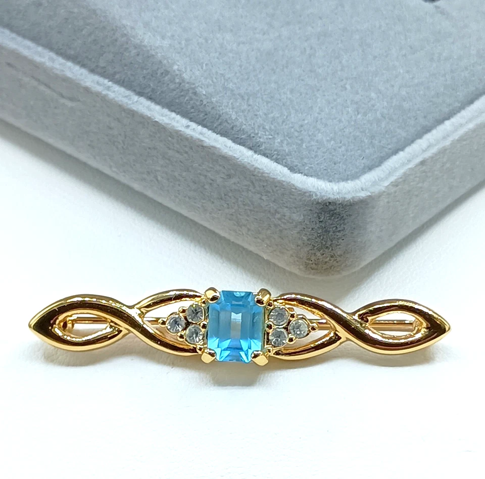 "Pin broche barra vintage aguamarina y cristal austriaco chapado en oro de 18 quilates caja de regalo de 2""" Foto 1 de 4