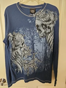 No Boundaries Men's Glory Blue Waffle Knit Angel Wings Skull Grunge LS Shirt LG - Picture 1 of 4