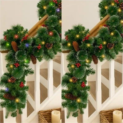 HOMEZONE Luxury Christmas LED Garland 9ft Warm White & Multicolour Pre-lit Fireplace Xmas