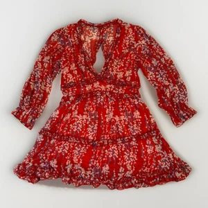 Shein Kleid rot geblümt Gr. L Rücken Knöpfe & Reißverschluss lange Puffärmel kurzes Knie - Bild 1 von 14