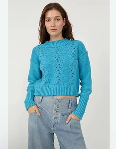 Free People Blue Teal Knit Sweater Top Xs  - Picture 1 of 3