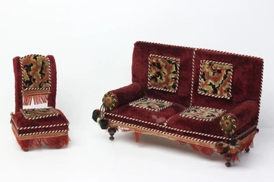 Sofá silla antigua alemana para casa de muñecas tapiz tapicería de terciopelo miniatura 1880 Foto 1 de 4