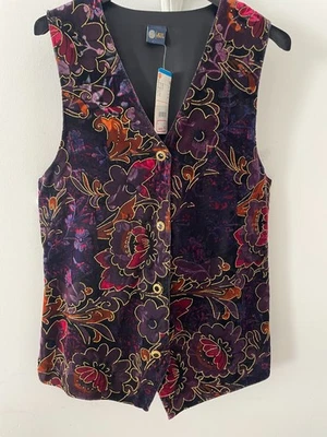 Vintage Black Floral Velvet  Boho Waistcoat Vest Tunic Jacket Size 16 NWT Xmas - Image 1 of 4
