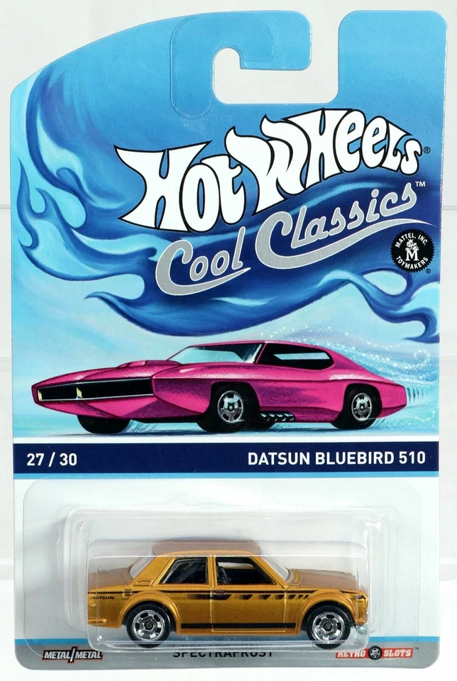 A13 1/64 Hot Wheels Gold Datsun Bluebird 510 Cool Classics Pink car on Blue card - Image 1 of 1