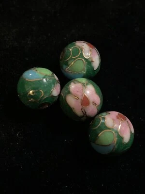 4 contas redondas de esmalte chinês vintage verde com folhas de flores rosa cloisonne 10 mm  - Imagem 1 de 4