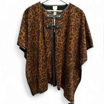 Chico's Cheetah Poncho cape jacket vegan leather trim gold hardware One Size - Image 1 of 4