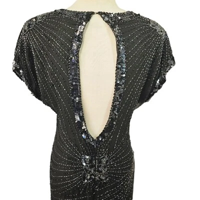 Maxi Vestido Vaina Oleg Cassini Años 70 Negro Seda Talla 6 Espalda Abierta Cuentas Intrincadas Foto 1 de 4