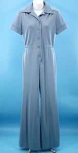Vtg Women's 70s Slate Blue Short Sleeve Button Up Jumpsuit Sz M 1970s Polyester - Picture 1 of 8
