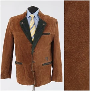 Mens Leather Trachten Loden Blazer 46R UK Size Tan Brown Sport Coat Jacket - Picture 1 of 18