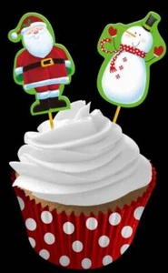 48 Piece Christmas Cupcake Muffin Case & Party Food Topper Picks Santa Snowman - Picture 1 of 1