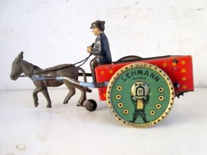 Vintage Old Rare Lehmann Mark Wind Up Man With Cart Litho Tin Toy Germany Made