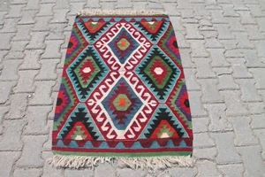 2x4 ft Vintage Handmade Turkish Anatolian Red, Blue Kilim Rustic Eclectic Rug - Picture 1 of 10