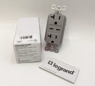 Receptáculo USB Legrand TR20USBCC6GRY carga rápida tipo C 6A 20A 125V Pass Seymour Foto 1 de 4