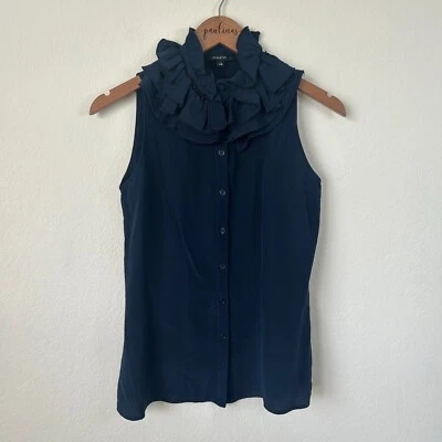 Top de carrera DREW para mujer XS azul marino seda con volantes cuello Foto 1 de 4