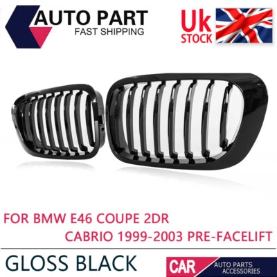 2*Gloss Black Kidney Grill Grille For BMW E46 Coupe Cabrio Pre-facelift 99-03 UK - Image 1 of 4