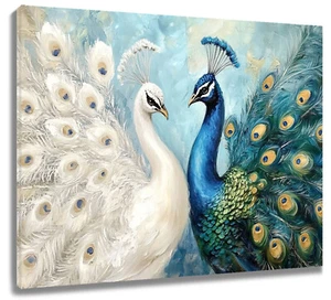 Vintage Birds Green and White Peacock Abstract Wall Art for Bathroom Living Room - Picture 1 of 15