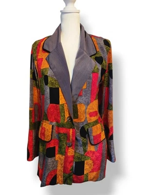 90s US VTG Lee Stevens Petites Abstract Colorblock Wavy Cubist Blazer Blouse  - Image 1 of 4