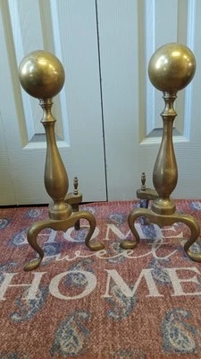 Vintage  Brass & Cast Iron Cannonball Claw Foot Fireplace Andirons  - Image 1 of 4
