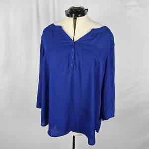 Torrid Blouse Women's 2X Blue V-Neck 1/4 Button Up Long Roll Tab Sleeves Ruffle - Picture 1 of 15