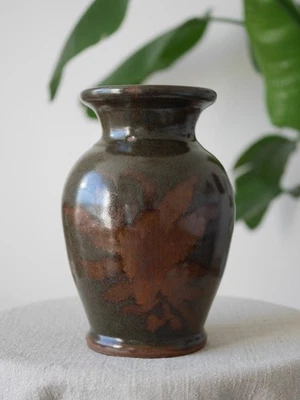 Rust Brown Studio Pottery Vase, Tenmoku Style Stoneware, Handmade Flower Motif - Image 1 of 4