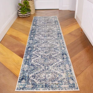 Navy Blue Distressed Hallway Runner Rug Transitional Small Large Living Room Rug - Picture 1 of 14