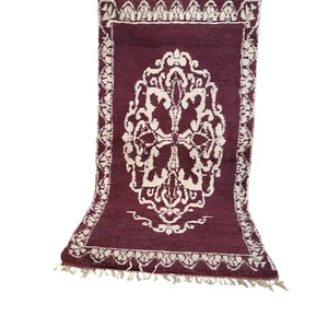Vibrant Moroccan Handmade Maroon Red Rug White Motif Fringe Berber Wool Carpet - Picture 1 of 24