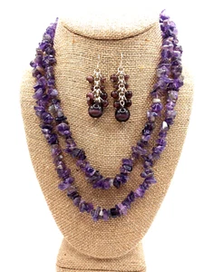 36" Single Strand of Amethyst Chip Necklace & Amethyst Color Tiger's Eye Earring - Picture 1 of 14