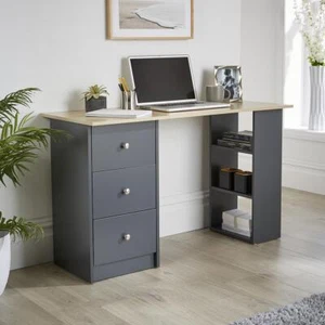 Computer Desk 3 Drawer and Storage Shelves Graphite Home Office Wood Furniture - Picture 1 of 9