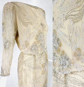 Vintage Oleg Cassini Champagner Elfenbein Schillernde Pailletten Perlen 2-teiliges Rock Top Set M/L - Bild 1 von 12