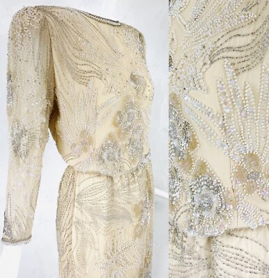 Vtg OLEG CASSINI Champagne Ivory Iridescent Sequin Bead 2pc Skirt Top Set M/L - Image 1 of 4