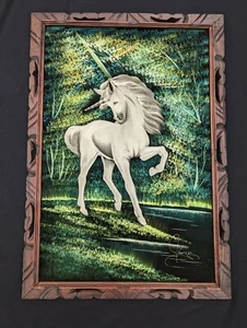 Spektakuläres großes Vintage Samt Einhorn Gemälde rustikaler Holzrahmen 22" x 35" - Bild 1 von 11