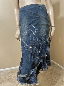 Women’s Blue Denim Cotton Casual Stretch Boho Beaded Zip Size L(8-10) Skirt 3368 - Picture 1 of 24